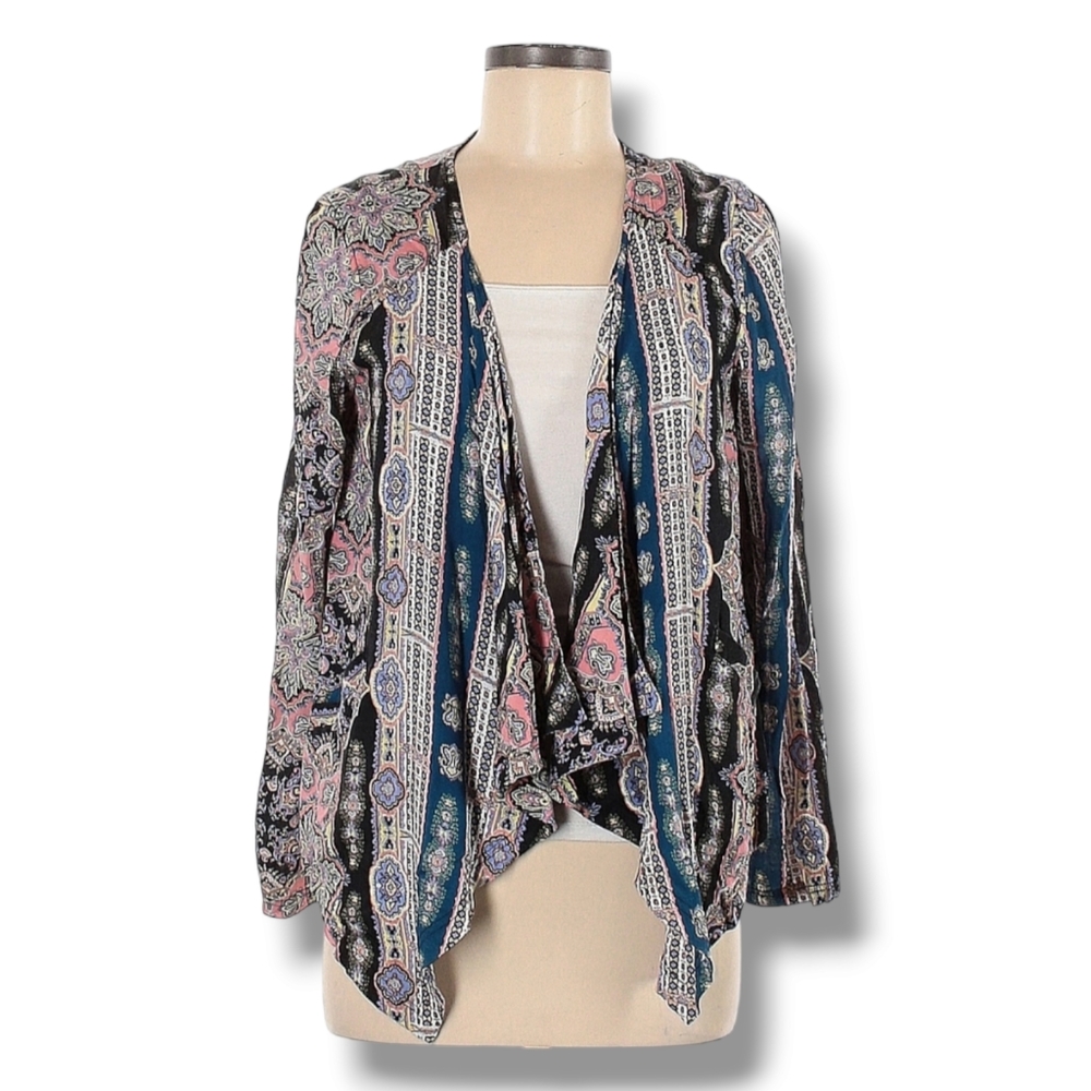 O'Neill Jacket Size M Colorful Floral Boho Print Open Front Pockets Ties in Back